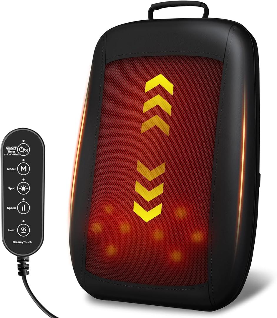DreamyTouch 4D Electric Shiatsu Back Massager with Heat | Deep Tissue Massage for Pain Relief, Portable & Rechargeable for Chair Home Office Car Seat, Gift-Ready for Men Women