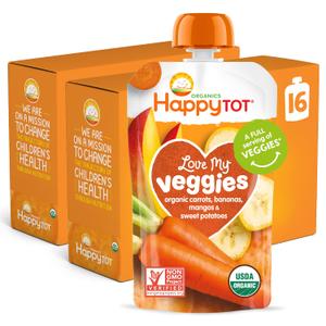 HAPPYTOT Organics Stage 4 Baby Food Pouches, Gluten Free, Vegan Snack, Love My Veggies, Fruit & Veggie Puree, Carrot, Banana, Mango & Sweet Potato, 4.22 Ounce (Pack of 16), BBD: 04 SEP 2026