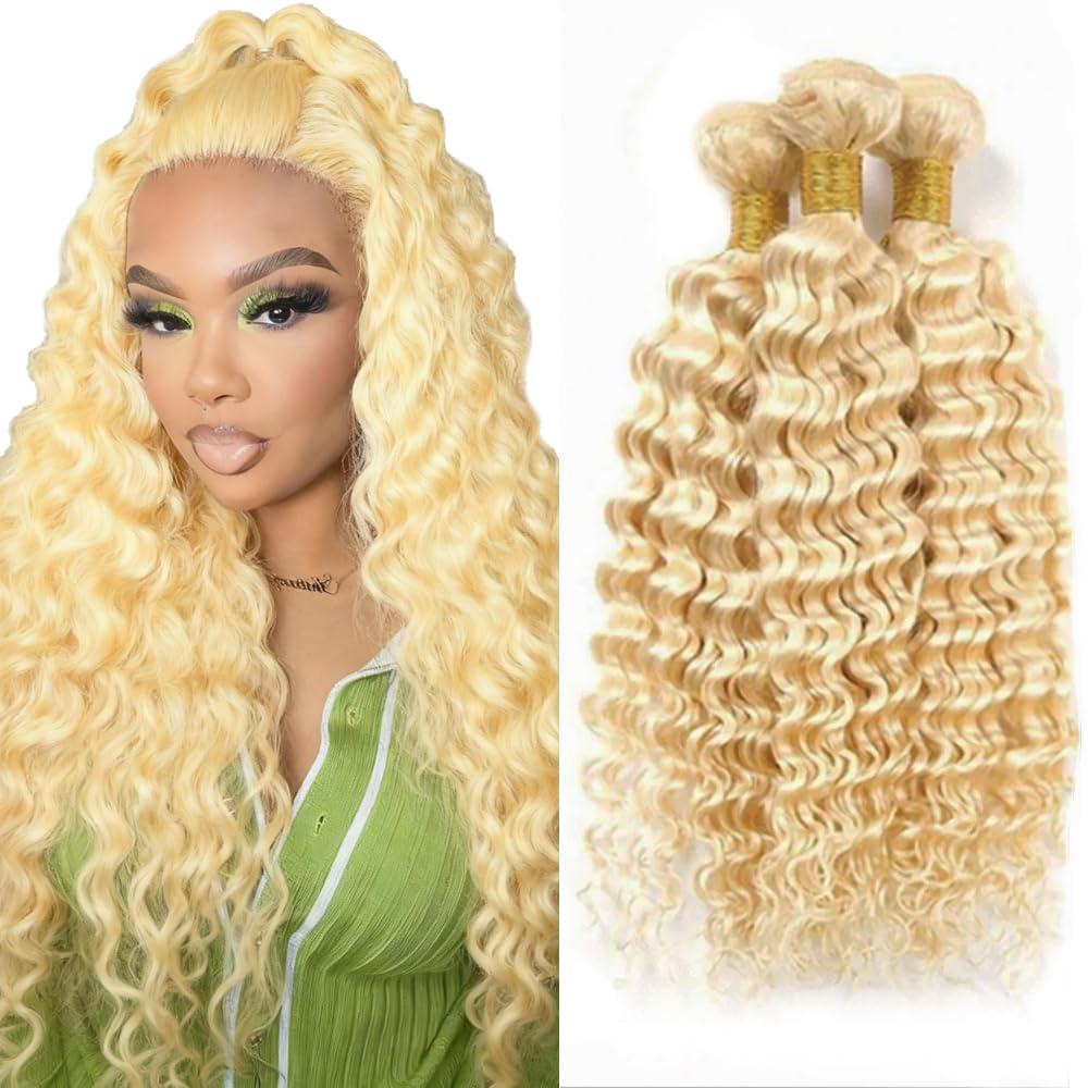 Freiuoke 613 Bundles Human Hair Deep Wave Blonde Bundle Human Hair Unprocessed Virgin Remy Hair 3 Bundles 22 24 26 Inch