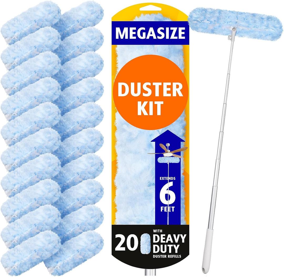 6 ft Extendable Duster Handle with 20 Refills, Compatible with Swiffer, Disposable Microfiber Dusting Pads for Home Cleaning, Ceiling, Fan, Window, Hard-to-Reach Areas