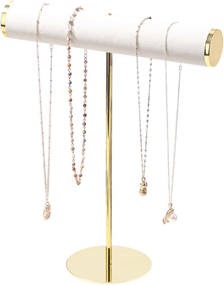 Coward T-Bar Necklace Organizer Stand, Velvet Necklace Bracelet Holder Stand with Metal Base, Hanging Jewelry Display Organizer for Women Girls (Gold 4.0cm thickness tube)