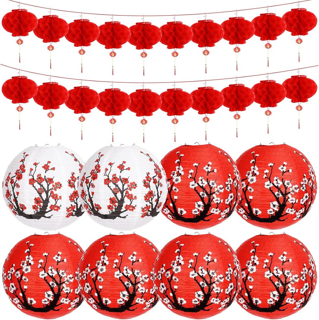 28 Pcs Japanese Lantern Hibachi Party Decorations Chinese Paper Decor Includes 6 Red, 2 White, and 20 11.8 Inch Small Lantern Plum Blossom for Chinese New Year