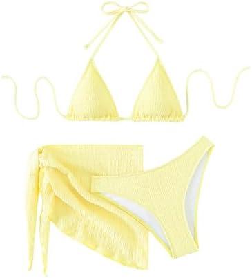 SHENHE Women's 3 Piece Textured High Cut Halter Triangle Bikini Swimsuit with Cover Up Size M