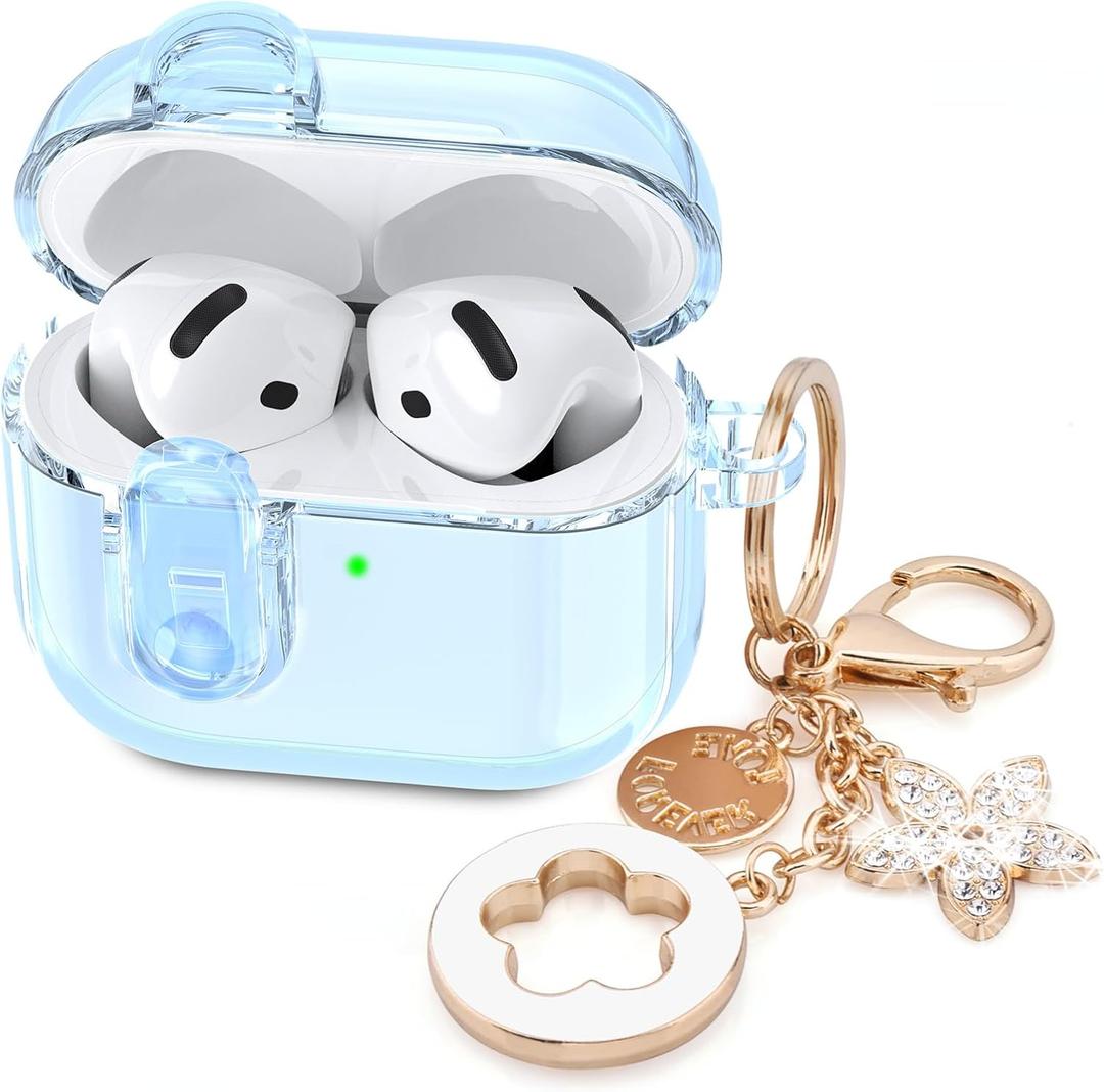 (with Safety Lock) Clear Case Compatible with Cute Apple Airpods 4 Cases 2024 Women, VISOOM Soft TPU Transparency Air pods 4 Gen Case iPods 4 Earbuds Case Girl Bling Keychain for Airpod iPod 4th Gen (Blue)