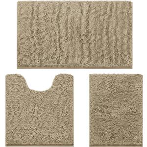 HOMEIDEAS 3 Pieces Bathroom Rugs, Ultra Soft Non Slip Absorbent Chenille Toilet Bath Mat Set (Taupe) (1'8" x 2'8" (17"x24"+20"x32"+U Shape 20"x24"))