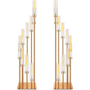 Baquler 2 Pack 10 Arms Wedding Candelabras Centerpiece,50 Inches Tall Floor Standing Candle Holders with Clear Acrylic Shades, Silver Gold Candelabra for LED Candles Bridal Shower Party Decor(Gold)