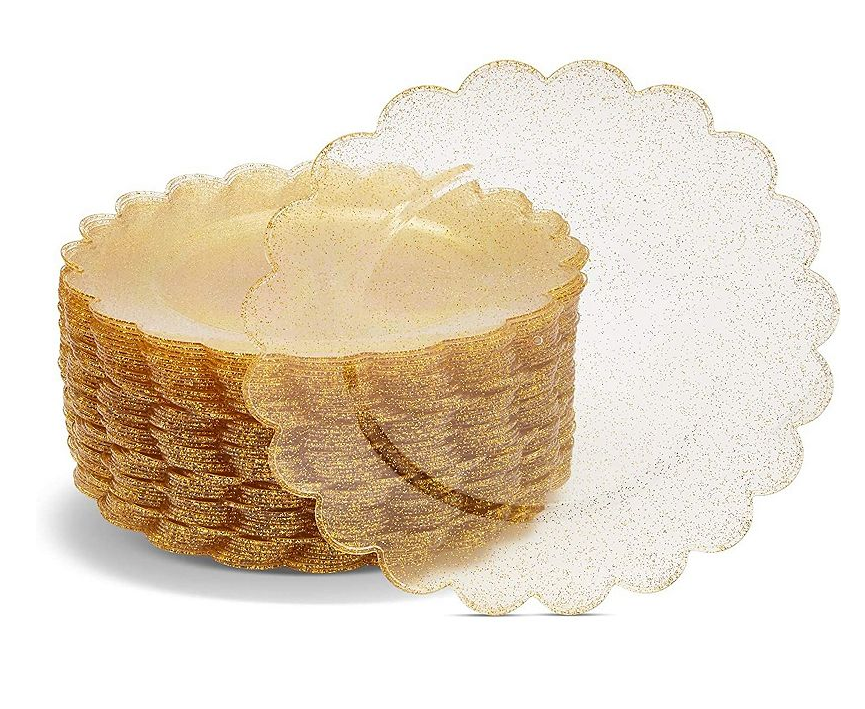 50-pack Disposable Gold Glitter Plastic Plates, Scalloped Edges For Wedding, 9"