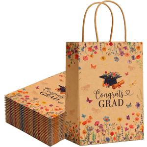 Gueevin 24 Pcs Wildflower Graduation Gift Bags 2026 Graduation Party Favors Floral Congrats Grad Paper Gifts Wrapping Bags for Class of 2026 Party Supplies Decoration (Brown)