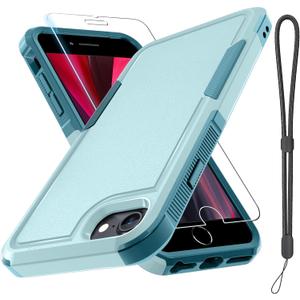 RMOCR Case for iPhone 8/7/SE 2022 2020, with Screen Protector,Military Grade Heavy Duty Shockproof Phone Cover with Wrist Lanyard Strap for iPhone 8/7/SE 2nd 3rd 4.7 inch, Mint Green