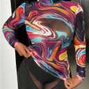 Women's Marble Print Long Sleeve Tee Shirt Mock Neck Slim Fitted Party Club Mesh Tops (M)