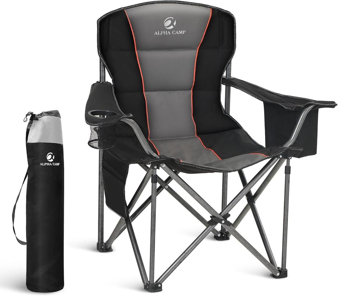 LET'S CAMP Folding Camping Chair Oversized Heavy Duty Padded Outdoor Chair with Cup Holder Storage and Cooler Bag, 450 LBS Weight Capacity, Thicken 600D Oxford (Black)