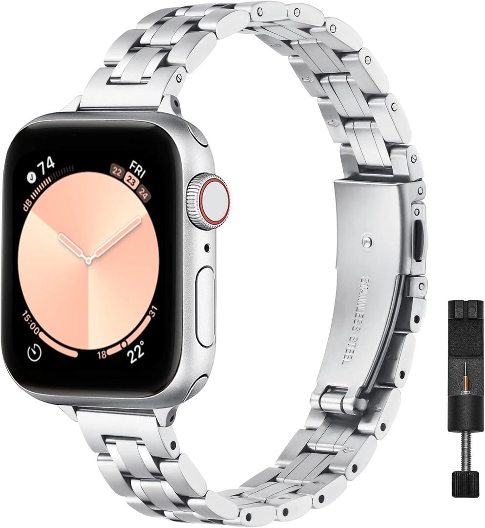 STIROLL Thin Replacement Band Compatible for Apple Watch 38mm 40mm 41mm 42mm 44mm 45mm 46mm 49mm, Stainless Steel Metal Wristband Women Men for iWatch Ultra SE Series 10/9/8/7/6/5/4/3/2, Silver (38mm/40mm/41mm/42mm(Series 10))