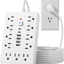 JouleLoom 15 FT Flat Plug Surge Protector Power Strip,11 Multiple AC Outlets with 6 USB Ports (2 USB C), 15 Feet Extension Cord, 1250W/10A, One Touch Switch Button, White