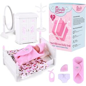 BABESIDE Mini Silicone Baby Dolls, 3 Inch Realistic Newborn Baby Dolls Full Silicone Sleeping Little Mini Real Life Baby Girl Miniature Baby with Playset Accessories(Pink)