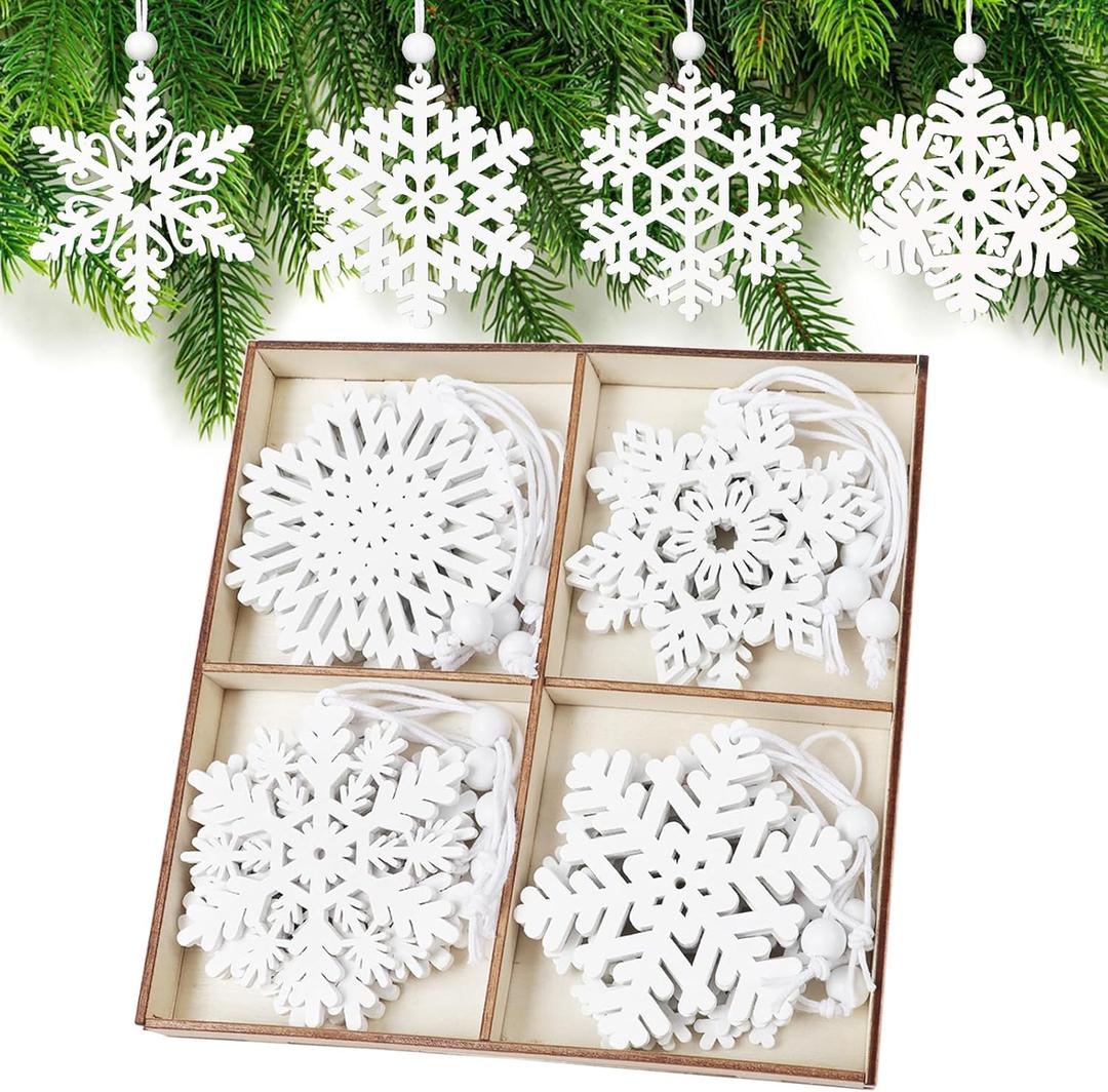PPRAFDD 16 PCS White Wooden Snowflakes Ornaments 8 Styles 3-inch Christmas Wood Snowflake for Crafts Hanging Decorations with Twine for Winter Home Tree Garland Christmas Decoration