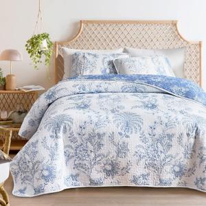 Flysheep Reversible Quilt Set Full Queen Size, 3 Pieces White Blue Botanical Floral Printed Summer Bedding Set, Soft Microfiber Lightweight Bedspread/Coverlet for All Season - 92"x90"