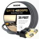 BUSOHE Cat 8 Ethernet Cable 25 FT, High Speed 40Gbps 2000Mhz Braided Network Internet Cable with Gold Plated RJ45 Connector, Heavy Duty LAN Cable S/FTP UV Resistant for Router/Gaming/PC, 15 Clips