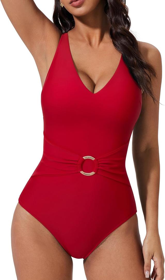 SUUKSESS Women Retro One Piece Swimsuit Metal Tummy Control V Neck Bathing Suit (Medium, 167 Red)