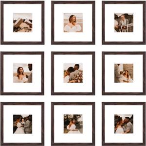 8x8 Picture Frame Set of 9, Display Pictures 4x4 with Mat or 8x8 without Mat, Multi Collage Gallery Square Photo Frames for Wall or Tabletop, Brown