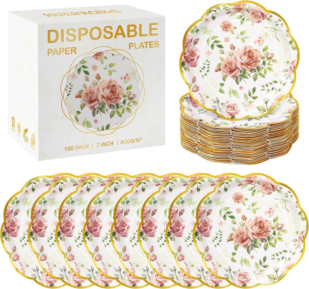Kochorie 100 PCS Scalloped Party Plates, 7 Inch Disposable Floral Paper Plates, Pink Flower Paper Plate, Floral Dessert Plate Bulk for Birthday Bridal Baby Shower Wedding Party Supplies
