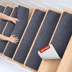 MBIGM 8 X 30inches, 15 in Pack, Non-Slip Carpet Stair Treads Non-Skid Safety Rug Slip Resistant Indoor Runner for Kids Elders and Pets with Reusable Adhesive, Dark Gray Weave