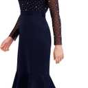 London Times Women's Dresses Midi Dress - Sheer Mesh Long Sleeves Sequin Embellished Yoke - Fitted Skirt with Flounce Hem - Elegant Cocktail Dresses, Navy, 14