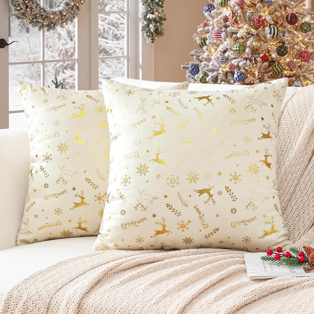 Ohok Set of 2 Christmas Velvet Pillow Covers Hot Foil Stamping Pattern Throw Pillow Covers for Farmhouse Home Decor Sofa Couch Bed Bedroom Living Room (Gold Elk Beige, 16x16-Inch)