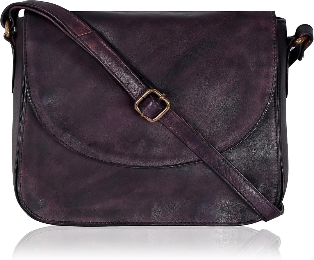 Genuine Leather Shoulder Crossbody Purse For Women with Adjustable Strap, Mobile Pocket & Outside & Inside Zipper (Purple Wash)