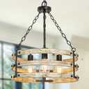 DLLT 3-Light Farmhouse Chandelier Light Fixtures, Rustic Drum Hanging Pendant Lighting, Semi Flush Mount Ceiling Light for Dining Room Kitchen Entryway Foyer Hallway, Black Metal Finish, E26 Base