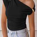 PRETTYGARDEN Womens Summer Off The Shoulder Crop Tops Ribbed Going Out Fitting T Shirts Trendy Spring Y2k Clothes 2026 (Black, L)