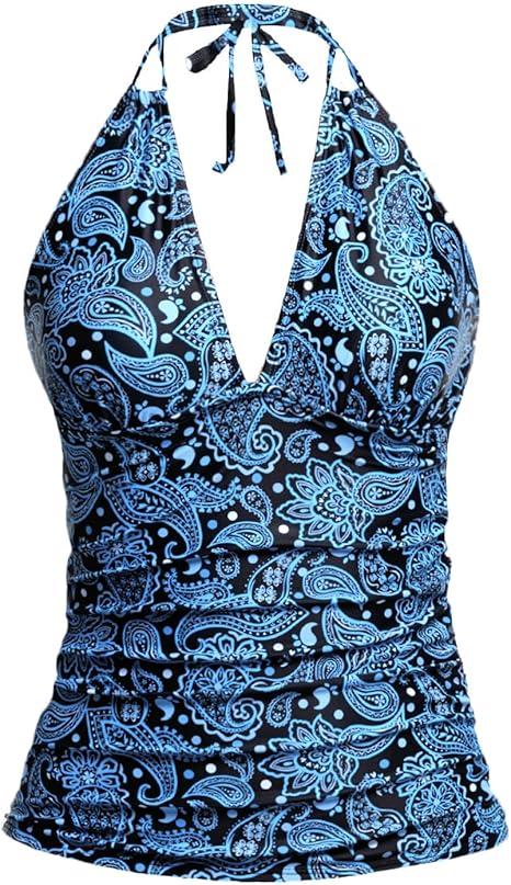 Yonique Women's Halter Tankini Top V Neck Swim Top Tummy Control Bathing Suit, XX
