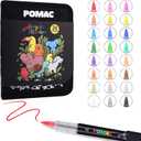 POMAC Acrylic Paint Markers Pens Brush Tip, 24 Assorted Colors Drawing Liquid Paint Marker Waterproof, Water-Based Acrylic Markers for Fabric, Canvas, Rock, Glass, Wood, DIY Crafts and Art Supplies