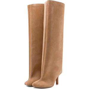 Women's Knee High Suede Boots for Women Wide Calf Square Toe Stiletto Heels Tall Boots Pull On High Heel Long Booties (7, Nude)