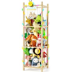 Hsenowi Stuffed Animal Storage Zoo Organizer Natural Pine Plushies Storage with Elastic Bands Vertical Wood Toy Holder Mesh Net Space Saving Design for Playroom Nursery Kids Bedroom