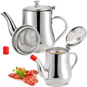 ZOOFOX 2 Pack Bacon Grease Container with Mesh Strainer, 27oz 22oz Stainless Steel Oil Storage Pot for Storing Frying Oil and Cooking Grease