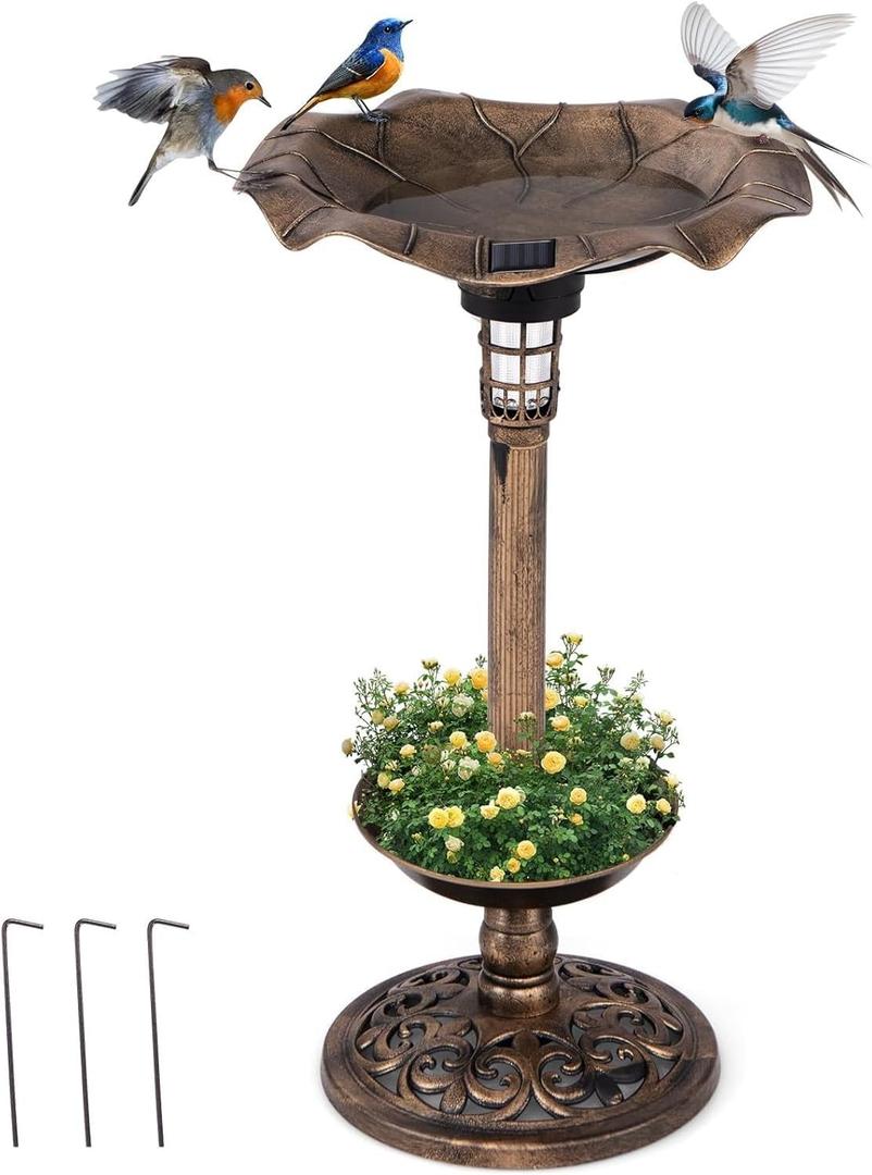 ReunionG 30 Inch Bird Bath, Solar Lighted Pedestal Birdbath & Feeder w/Lotus Leaf Water Basin, Flower Planter, Outdoor Vintage Fountain Decoration Bird Bath for Outside Garden Lawn Yard Patio (Bronze)