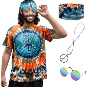 Hippie Costume for Men Women 60s and 70s colorful T-Shirt Sunglasses Headband Peace Necklace 4-Piece Theme Party (Small)