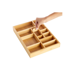 Juvale Bamboo Drawer Organizer Tray with 8 Adjustable Dividers for Kitchen & Utensils - Wooden Drawer Organizer (14 x 10 x 2 in)