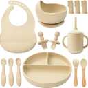 LITTLE RAWR Silicone Baby Feeding Set 14 Pcs,Baby Led Weaning Supplies, Baby Spoons Suction Bowl Divided Plate Bib Cup Finger Brush,First Stage Solid Food Eating Utensils - 6+ Months(Beige)