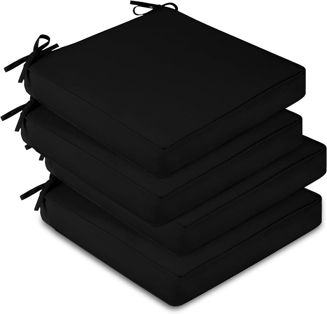 downluxe Waterproof Outdoor Chair Cushions Set of 4, 19" x 19" x 3" Patio Chair Cushion with Non-Slip Ties & Handle, Square Outdoor Cushion for Patio Furniture with Removable Cover, Black