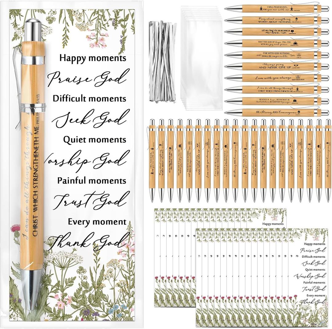 30 Set Christian Religious Gifts Bulk Include Bible Verse Pens and Inspirational Bookmarks Scripture Quote Bible Study Group Church Gifts for Christian Graduation Mother's Day Pastor (Bamboo)
