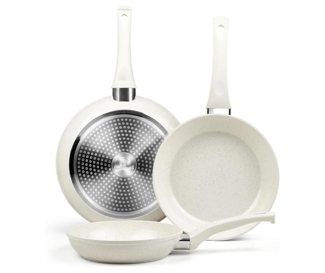 Innerwell Ceramic Frying Pan Set, Set of 3 Non Stick Frying Pans, White Ceramic Induction Cookware, Nonstick Skillet Omelette Egg Frying Pan Set, kitchen Cooking Pan Set, PFOA&PFAS Free