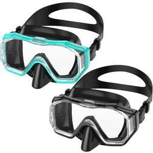 W WSTOO Adults Swim Goggles with Nose Cover,HD 3-Window Wide Vision Lens Snorkel Diving Swimming Mask Anti-Fog&Leak (Large, 2 Pack Black+black Lake Green)