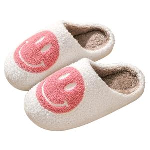 Bevaney Smile Face Slippers for Women - Soft Plush Retro Preppy Slip-on Comfortable Indoor/Outdoor Shoes (5-6 Women/4-5 Men, Pink)