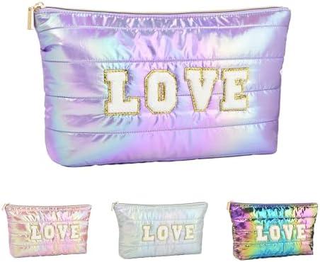 3 Pcs Hiroyuki Iridescent Quilted Makeup Bag (LOVE, purple)