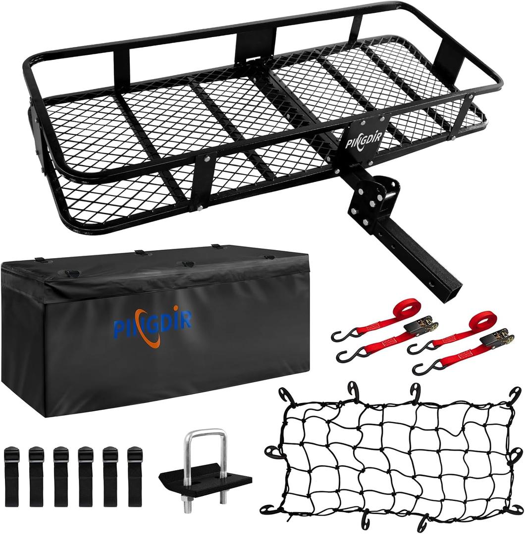PINGDIR Folding Hitch Mount Cargo Carrier Hitch Rack Basket 60"*21.5"*6" Hauling Weight Capacity of 500 Lbs, Waterproof Cargo Bag 58" 19" 24", with Hitch Stabilizer,Cargo Net and Ratchet Straps