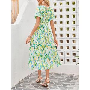 FENSACE Women's Elegant Floral Flowy Puff Sleeve Dress Summer 2025 Casual Romantic Sundress with Elastic Tie-Waist, Large, Green Floral Design 
