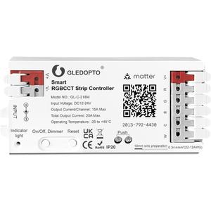 GLEDOPTO Matter RGBCCT LED Controller 20A Current Max for PWM Analog LED Strip Light APP Voice Control RGBW RGB Dimmable Work with Homekit Google Amazon Echo Alexa (Matter Hub Required)