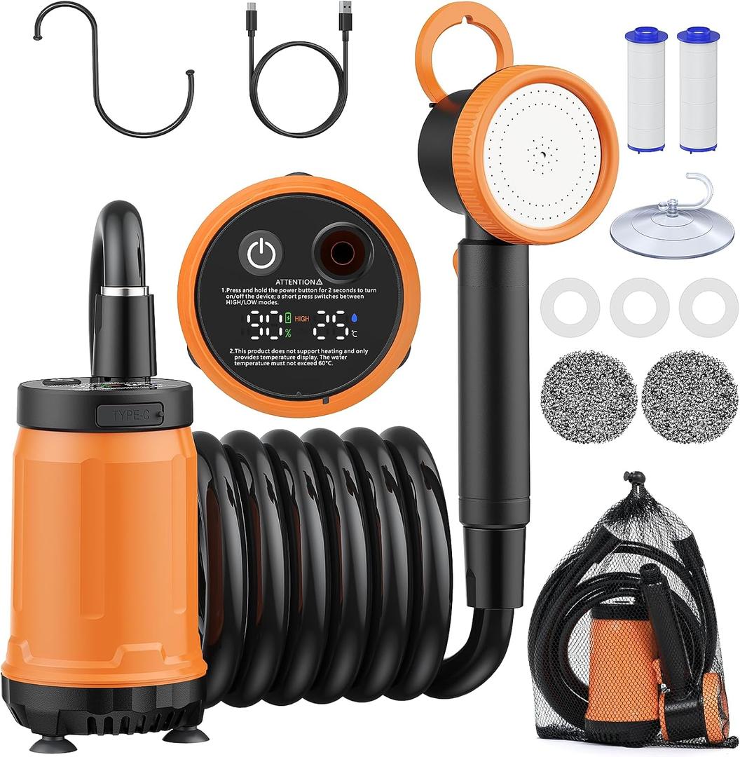 Novast Portable Shower for Camping, 8000mAh Rechargeable Outdoor Shower Pump with Filtered Showerhead, IPX8 Waterproof, LED Display, for Hiking, RV, Car Washing, Pet Bath & Plants