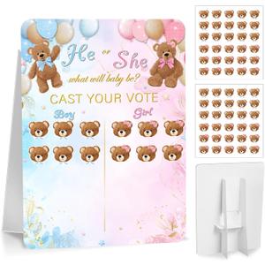 Poen Bear Gender Reveal Game Board with Stand, 60 He or She Bear Stickers, Cast Your Vote Baby Shower Party Supplies, Boy or Girl Guessing Game Decorations for Gender Reveal Party Baby Shower Decor